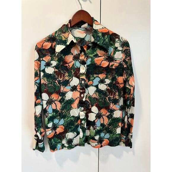 Vintage 70s Floral Print Button Up Blouse size S/M Fit Dagger Collar Statement - Picture 2 of 10